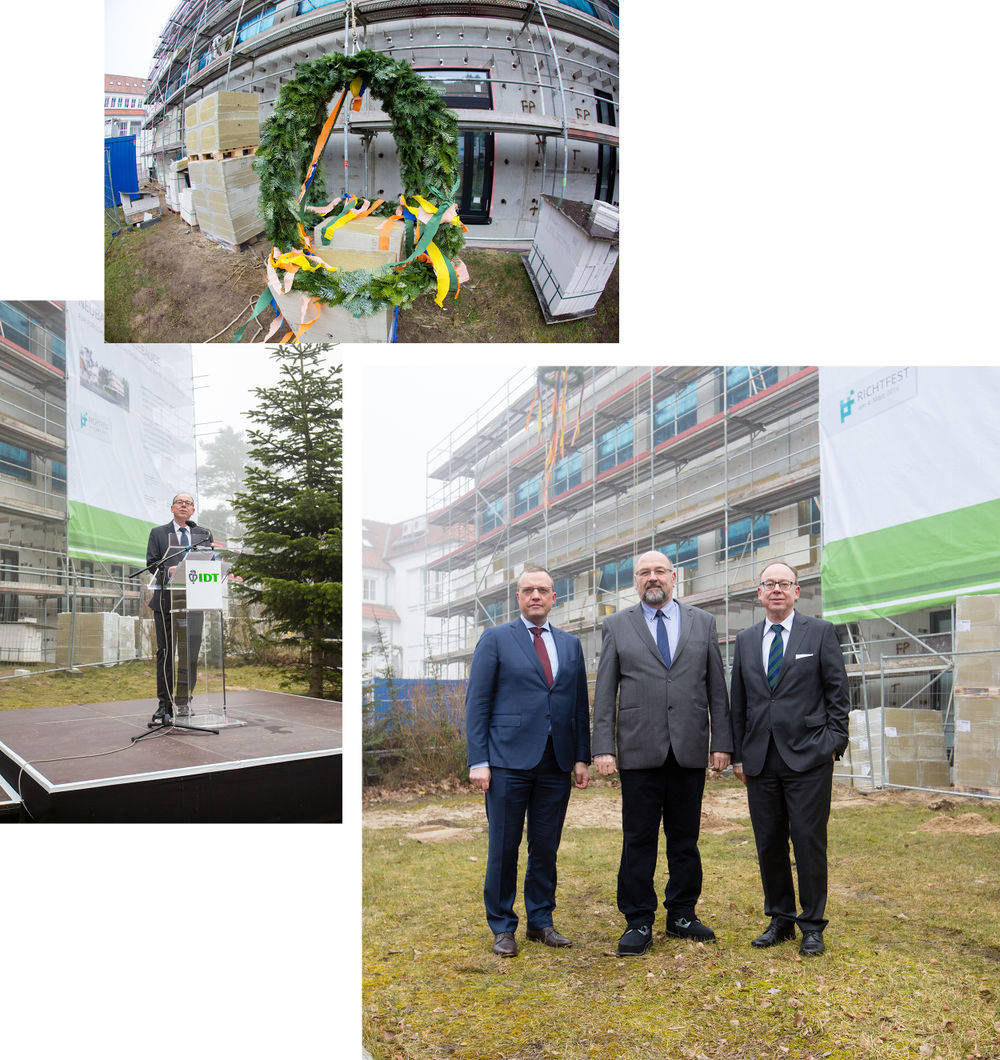 Celebrating construction progress: Economy Minister Glawe (above center) and Managing Director Riems Dr. Jörg Köhler (above) during their speech at the topping out.